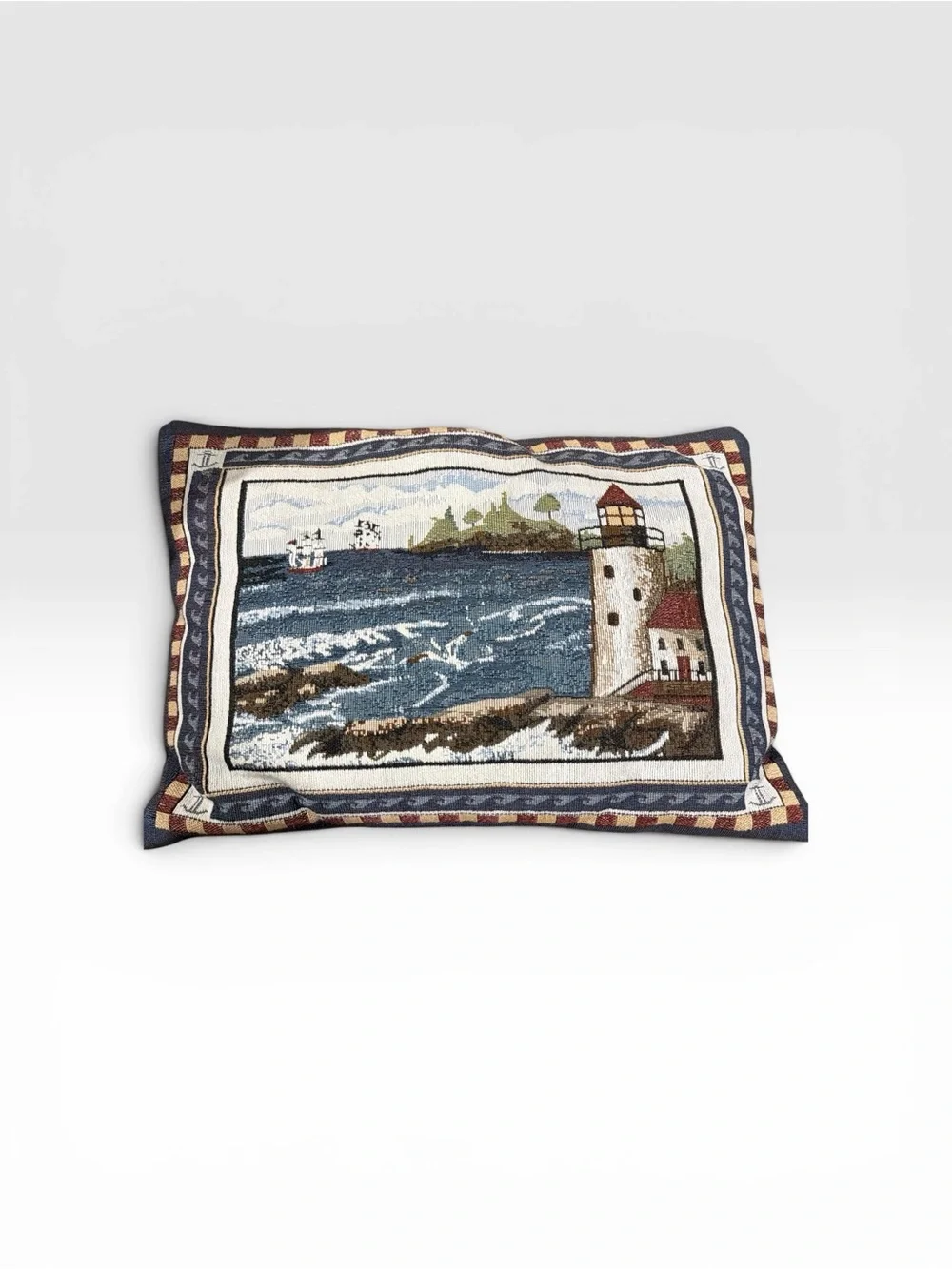 Nautical Lighthouse Tapestry Throw and Pillow - Blue, Gray, Brown